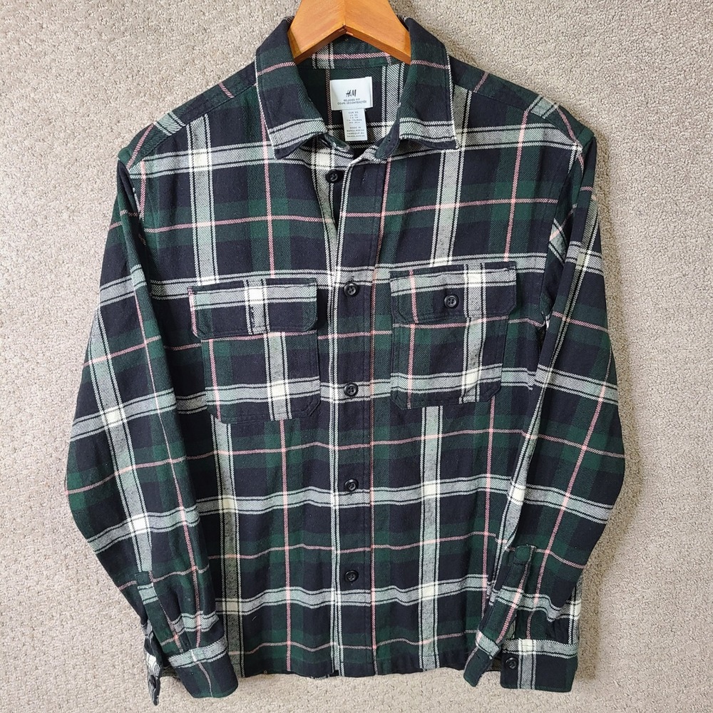 H&M Shirt Mens XS Green Plaid Relaxed Fit Button Down Flannel Cotton Long Sleeve